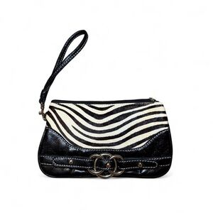 Wilson’s Leather Y2K Black & Cream Zebra Print Silver Chain Clutch Wristlet